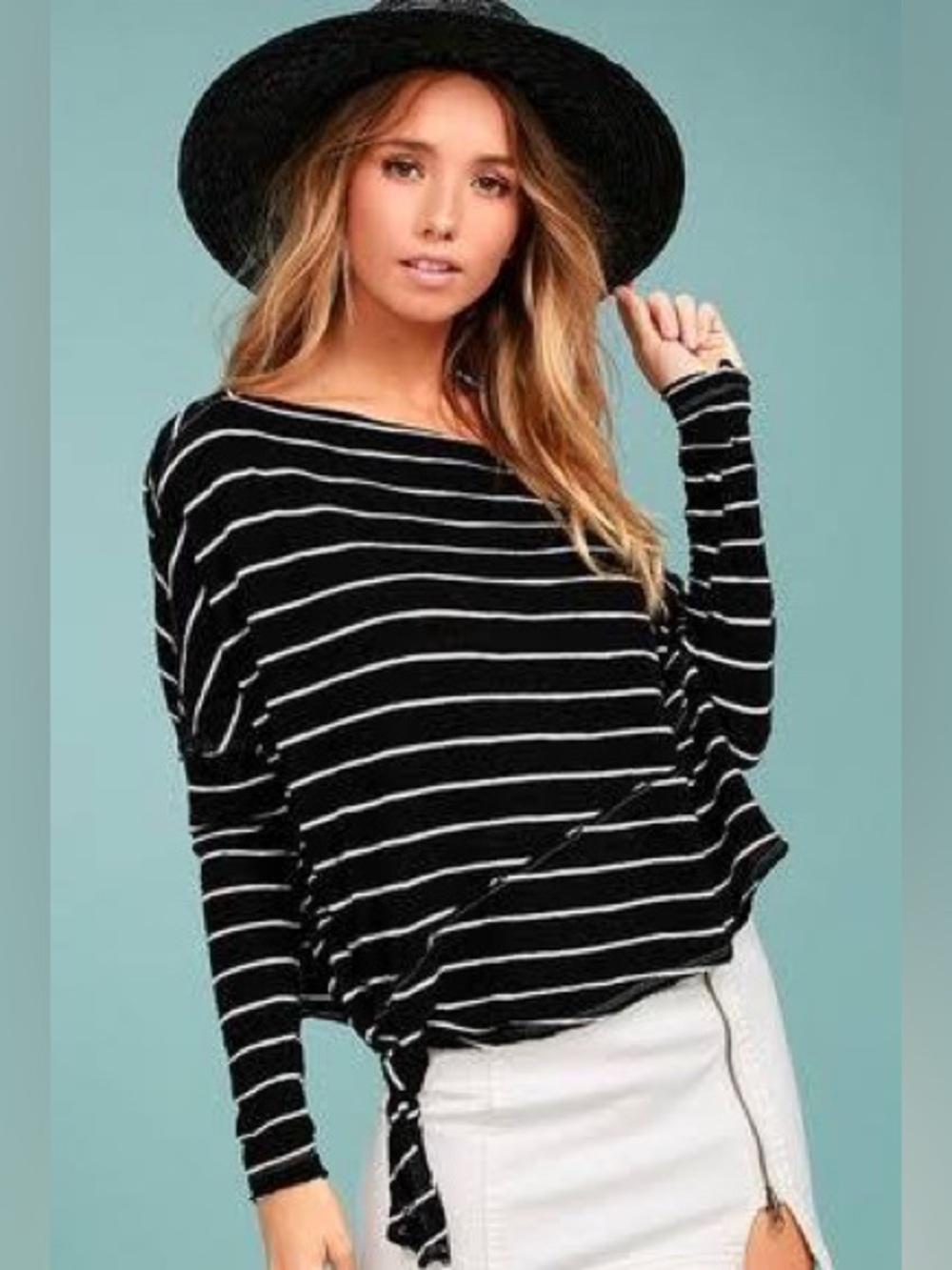 We The Free Love Lane Black & White Striped Boatneck Knot-Side Top